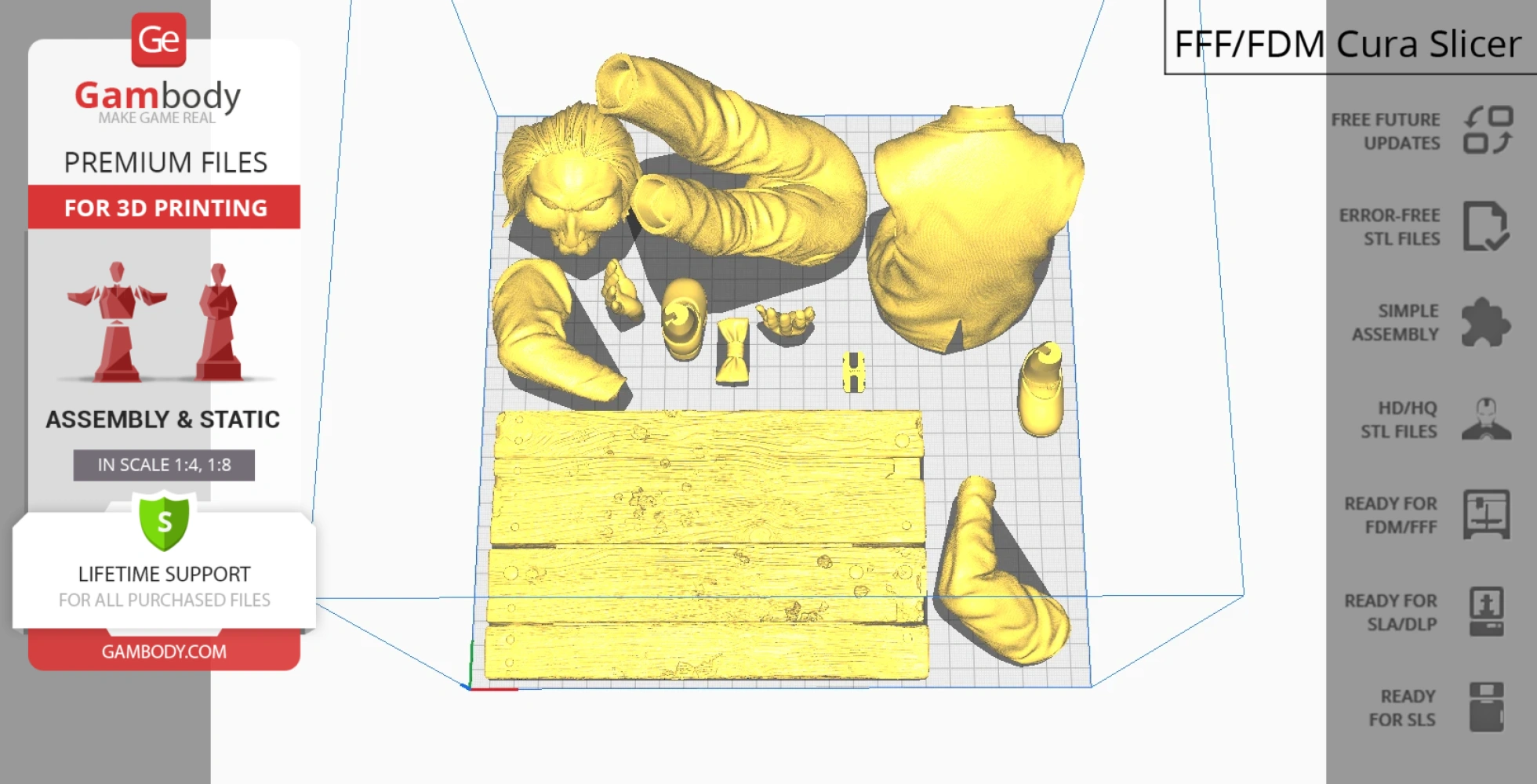 Disassembled 3D model parts for Billy the Puppet in Cura slicer, ready for 3D printing.