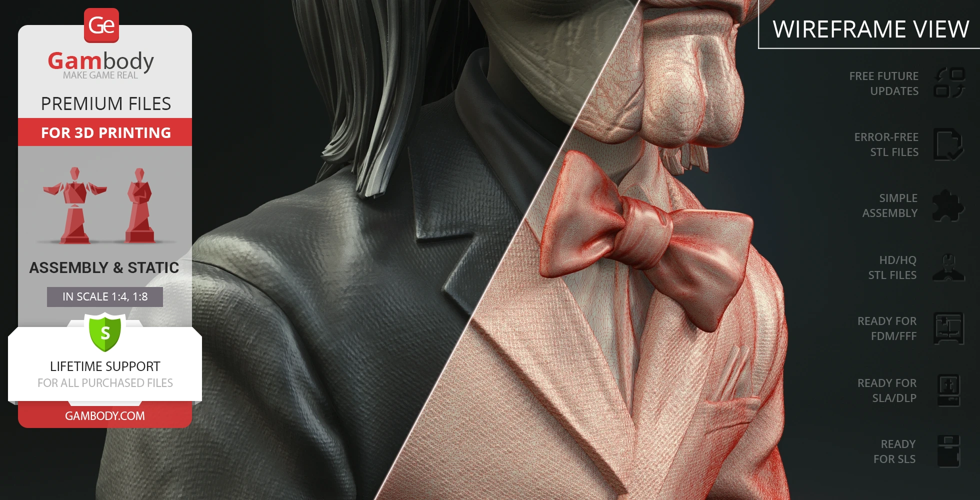 3D model of Billy the Puppet in a sitting pose, displaying textured and wireframe view for printing.