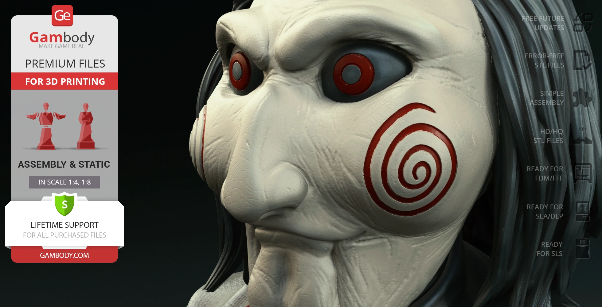 Creepy puppet head with red spiral cheeks, black hair, and intense eyes, suited for 3D printing.