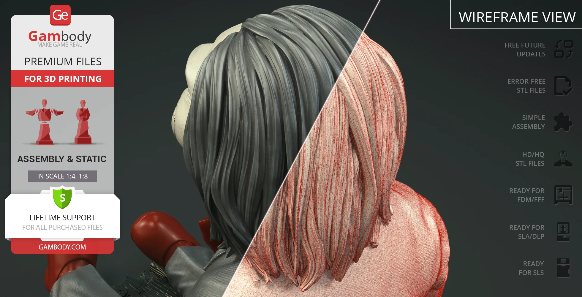 Sitting puppet with black hair, white face, red shoes; wireframe and textured view split.