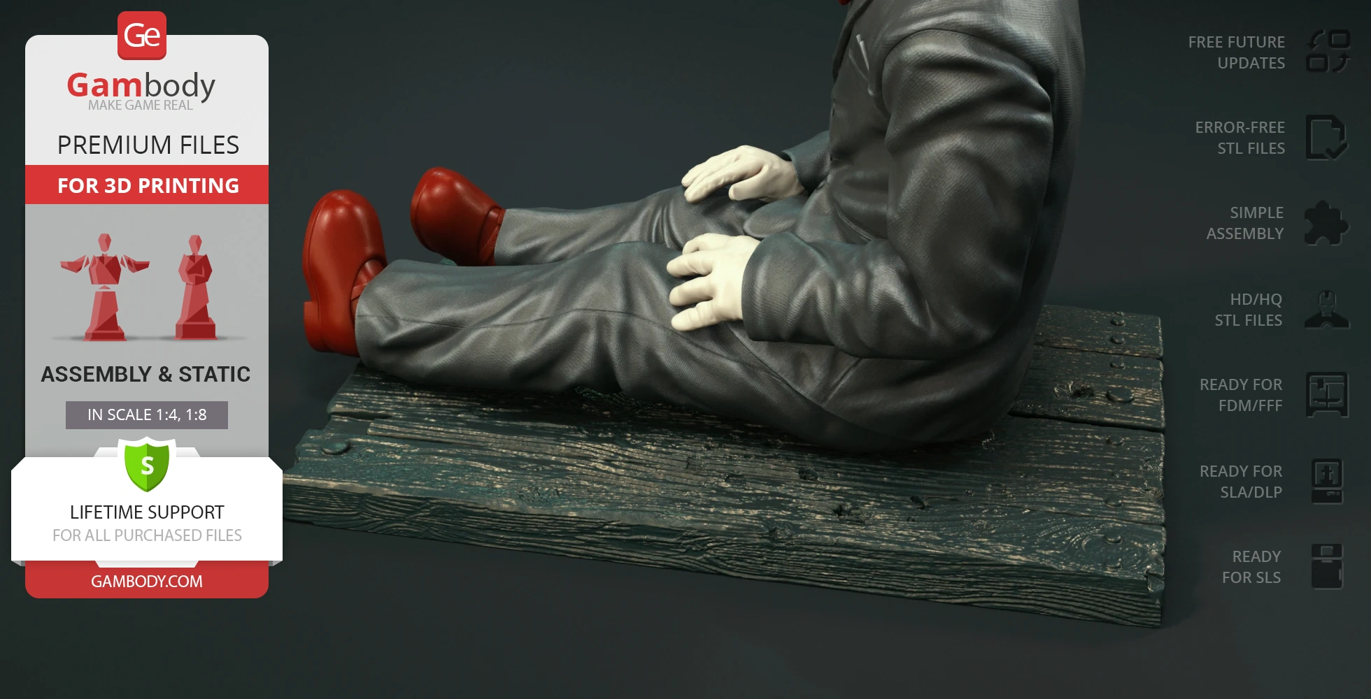 A puppet in a suit sitting on a wooden plank with red shoes and white gloves.