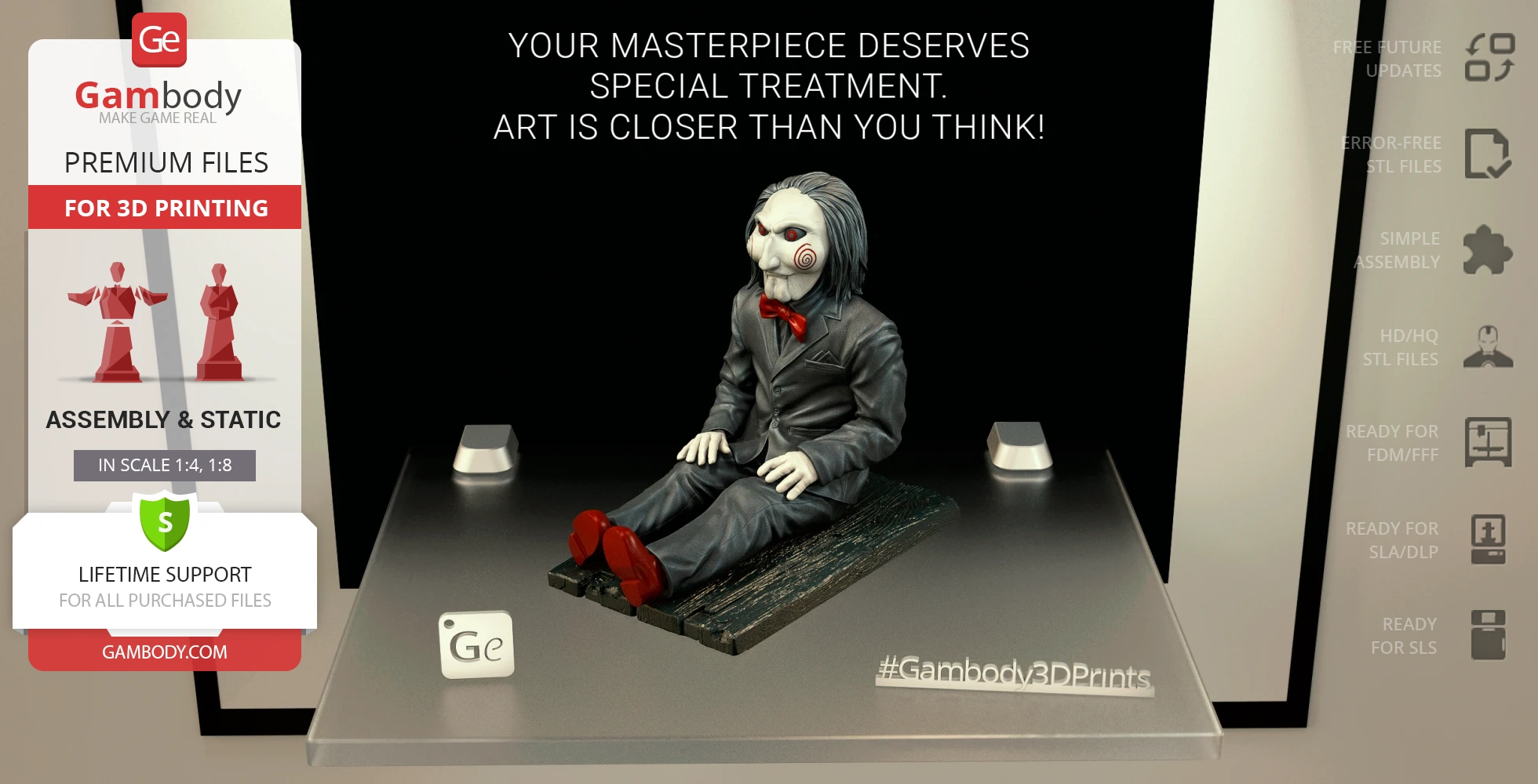 Creepy puppet in a suit with red shoes, sitting on a wooden platform.