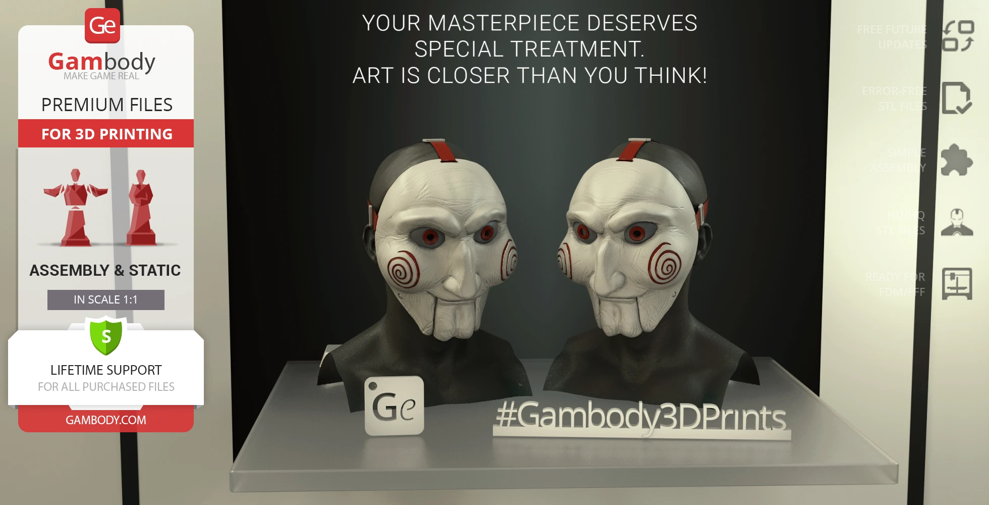 Two 3D-printed Billy the Puppet masks on display, featuring detailed spiral cheek designs.