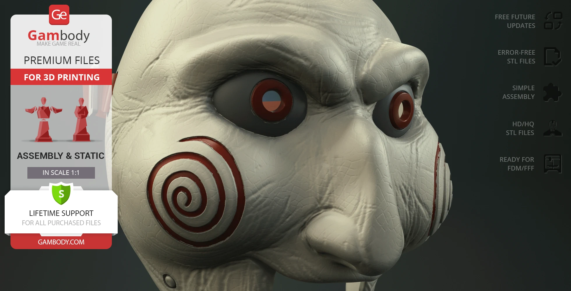 Creepy puppet mask with red spirals on cheeks and intense eyes, designed for 3D printing.
