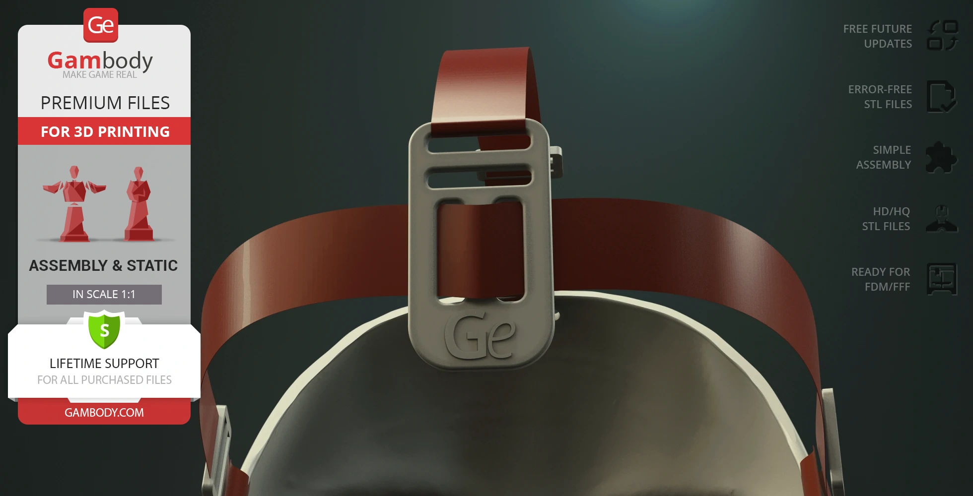 Belt buckle detail of a 3D-printed Billy the Puppet Mask, showing a red strap and 'Ge' logo.