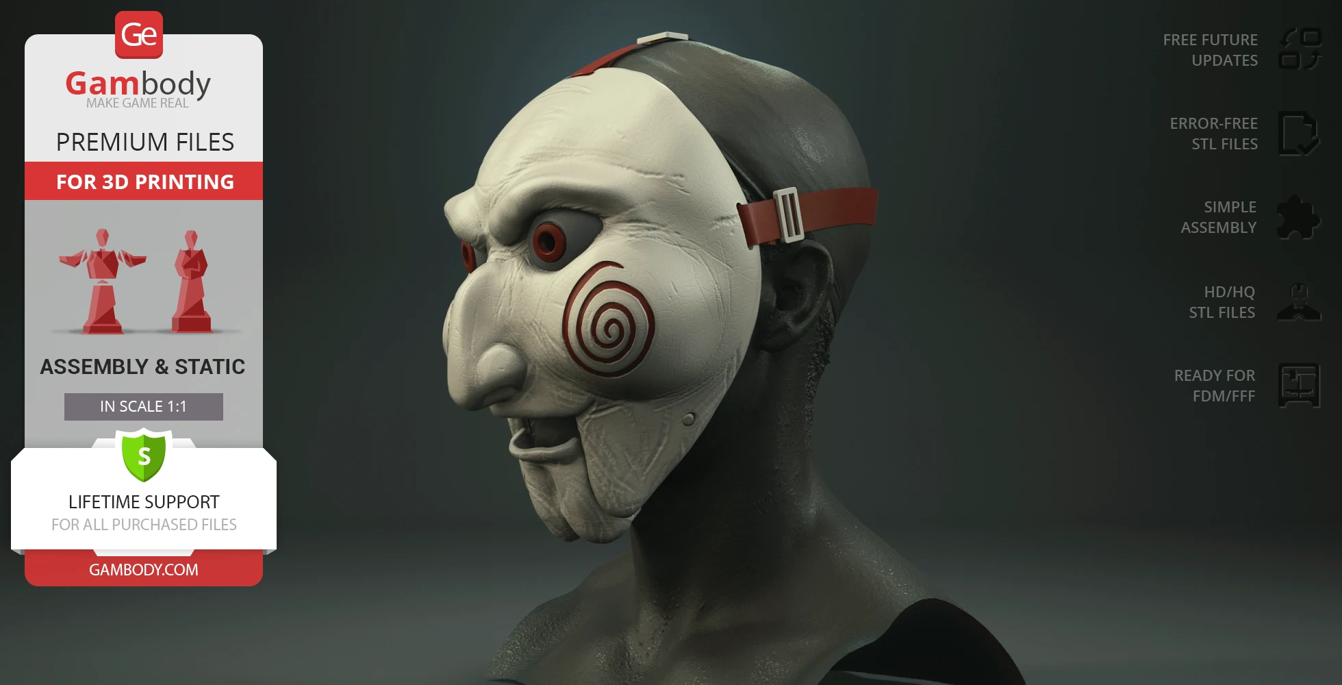 A detailed 3D model of a creepy puppet mask with red spiral cheeks and straps for printing.