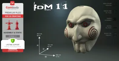 White puppet mask with red eyes and spiral cheeks, dimensions shown for 3D printing.