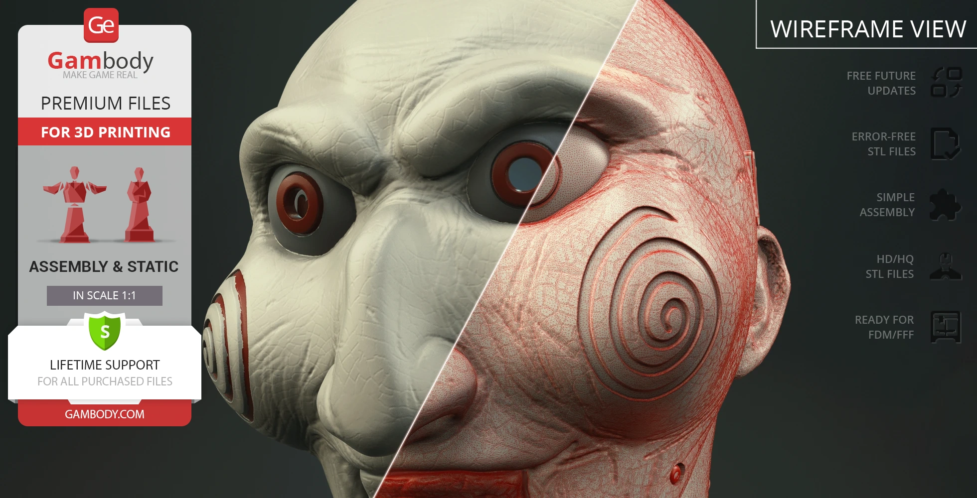 Creepy puppet mask with detailed skin textures and spiral cheek designs, shown in full and wireframe views.