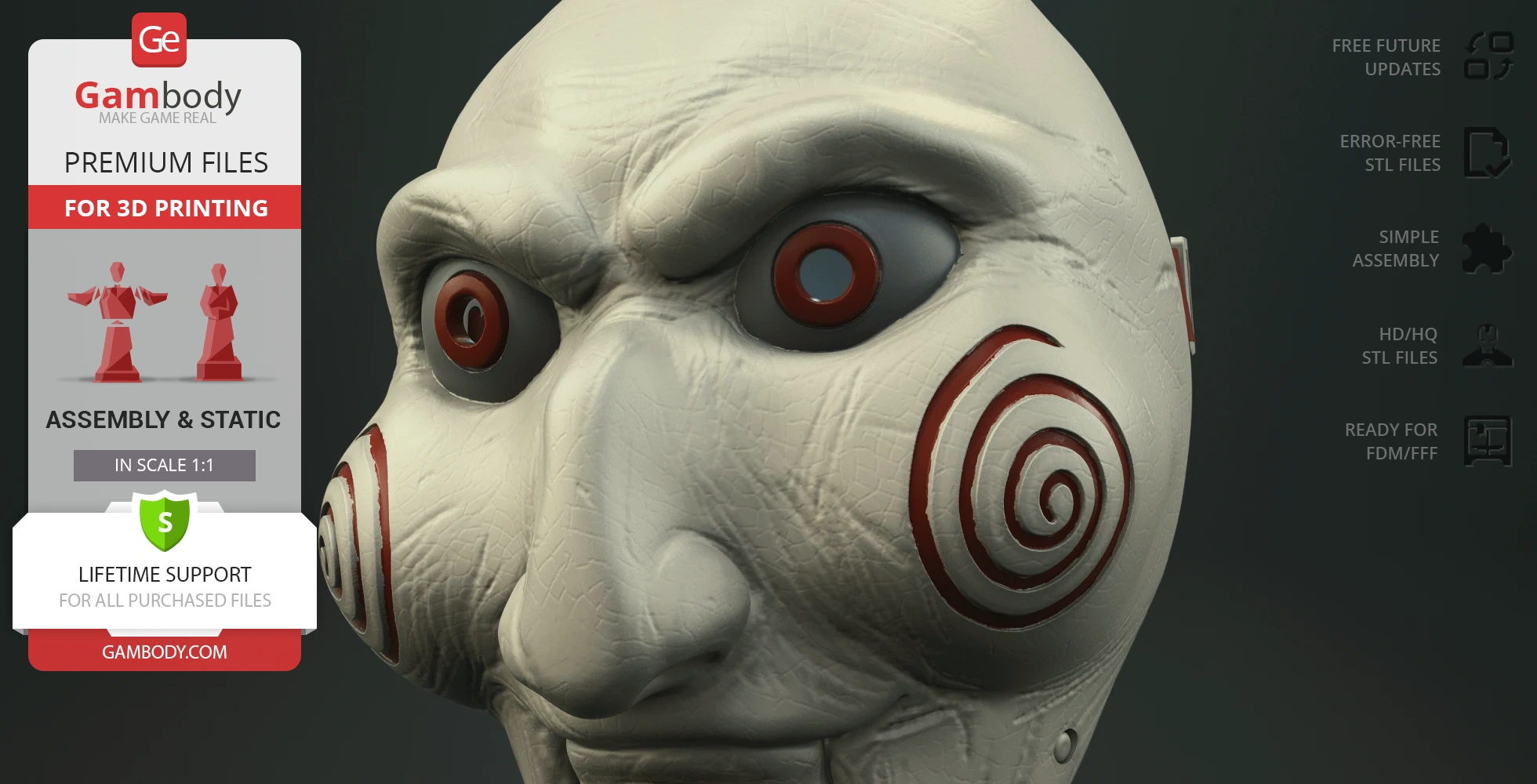 A detailed 3D model of a white puppet mask with red spiral cheeks, designed for 3D printing.