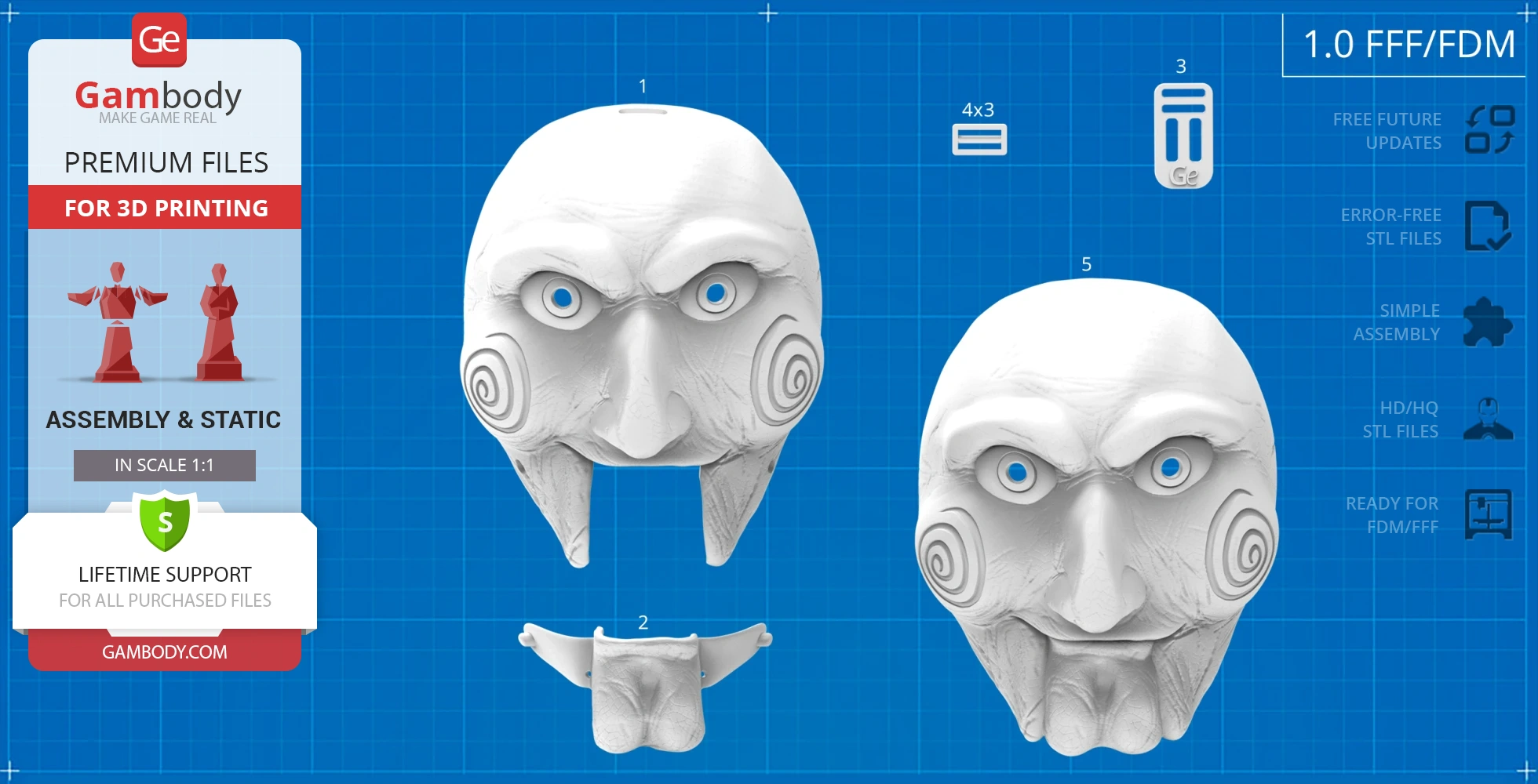 3D model of a creepy, white puppet mask with blue eyes and spiral cheek designs, ready for printing.