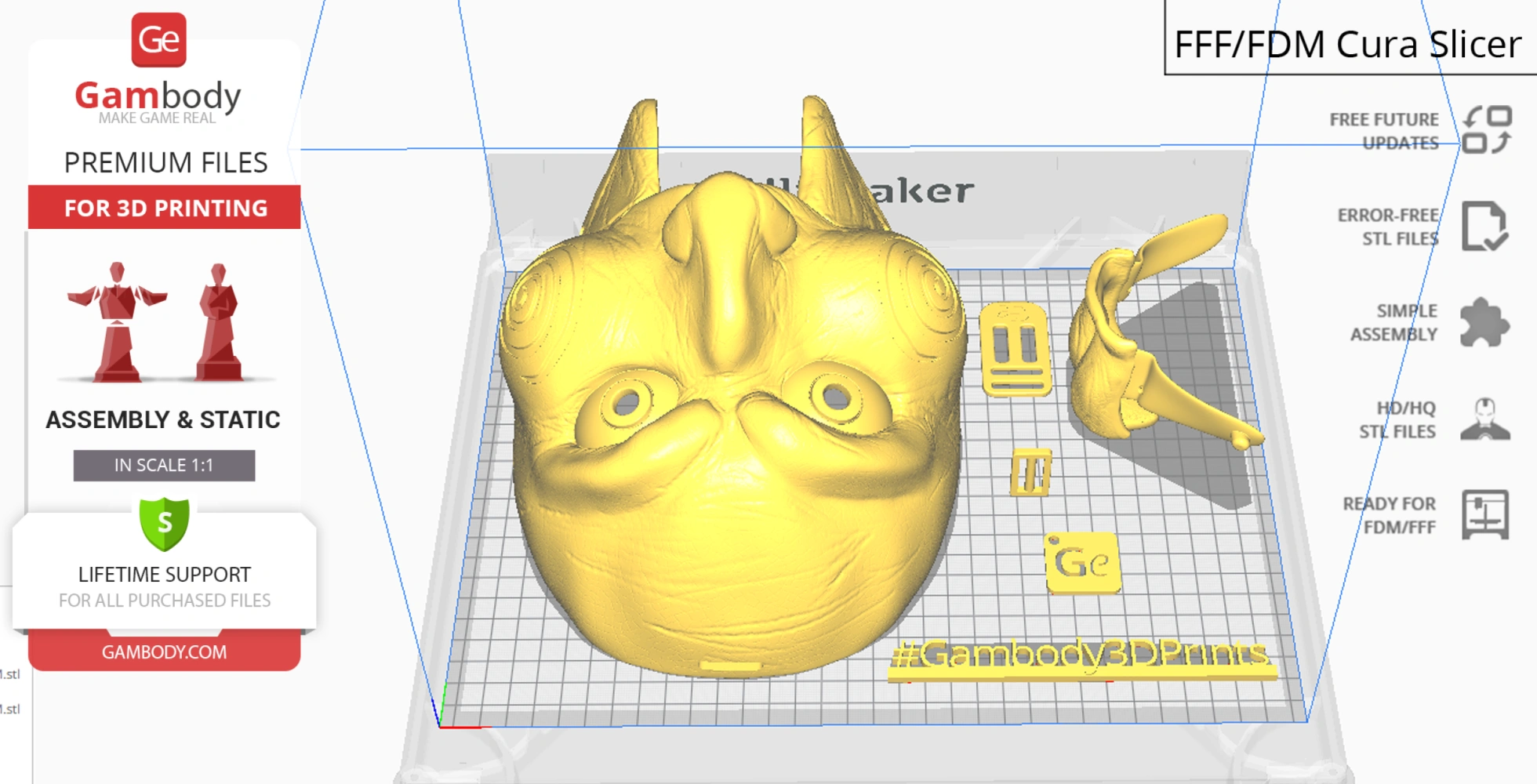 3D model of a stylized, intricate mask with spiral cheek designs, ready for 3D printing on Gambody.