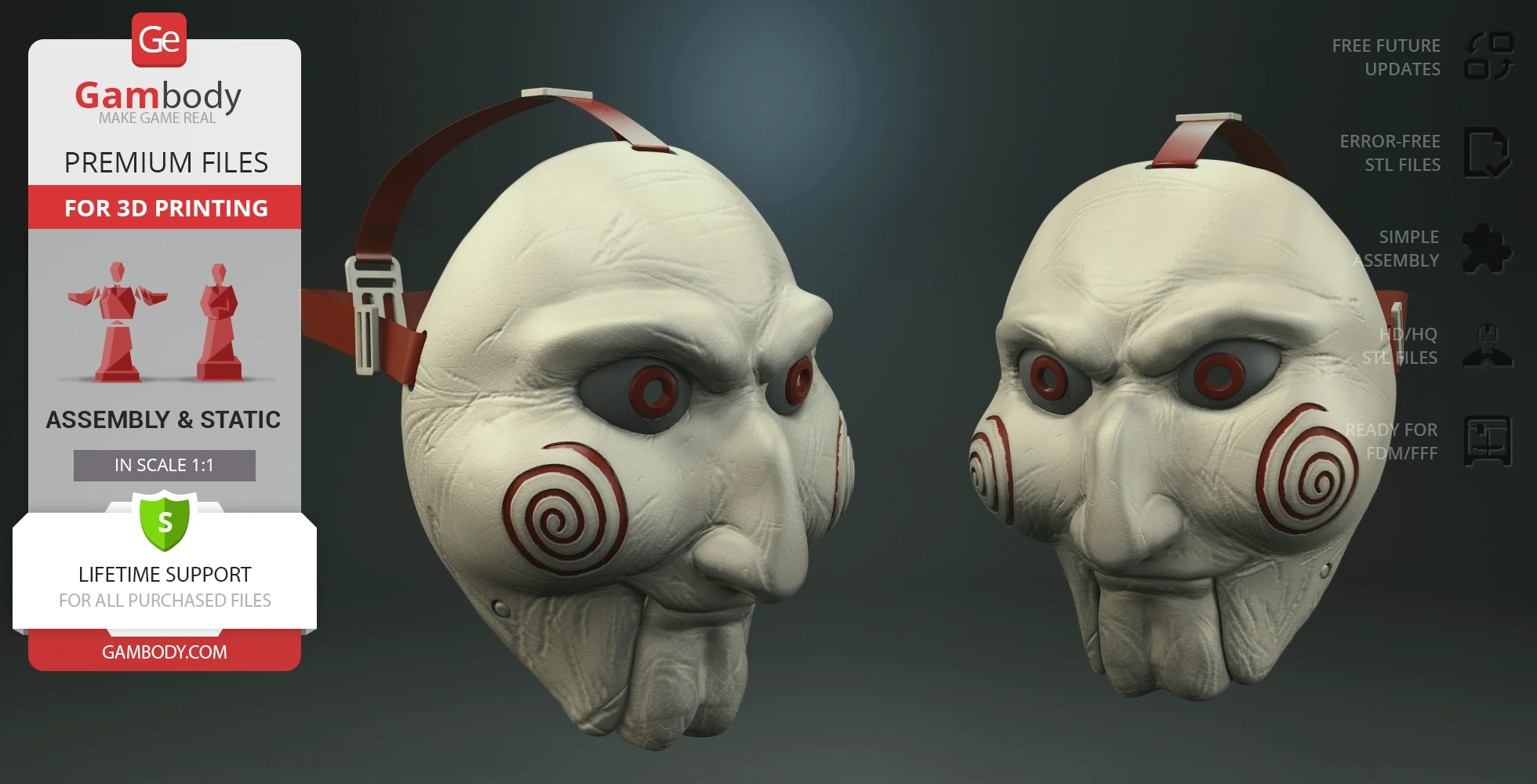 Creepy mask with swirled cheeks and red eyes, shown in a 3D model for printing.