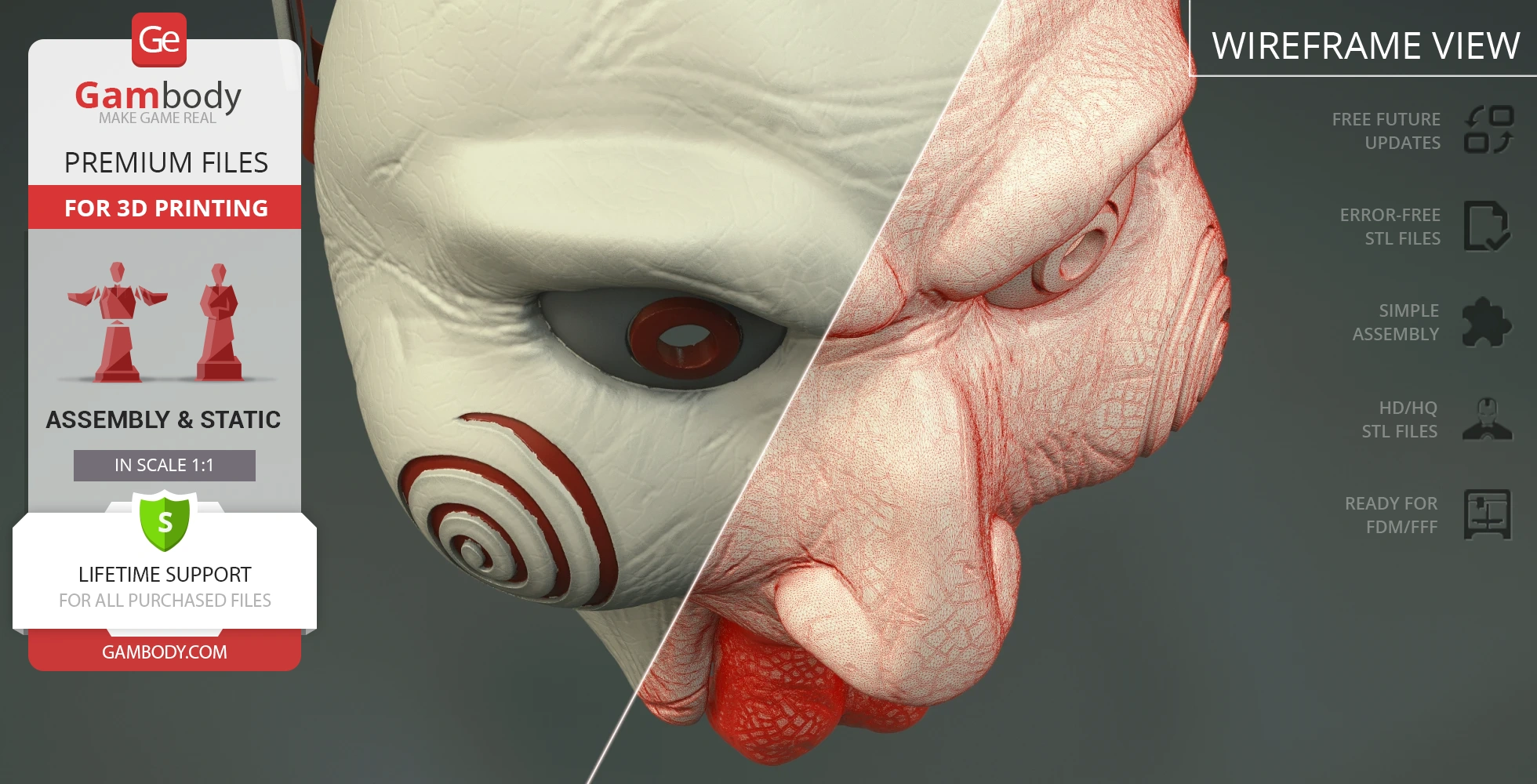 Detailed 3D model of a creepy puppet mask, showcasing textured and wireframe views.