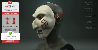 A detailed 3D model of a creepy puppet mask with red spiral cheeks and straps for printing.