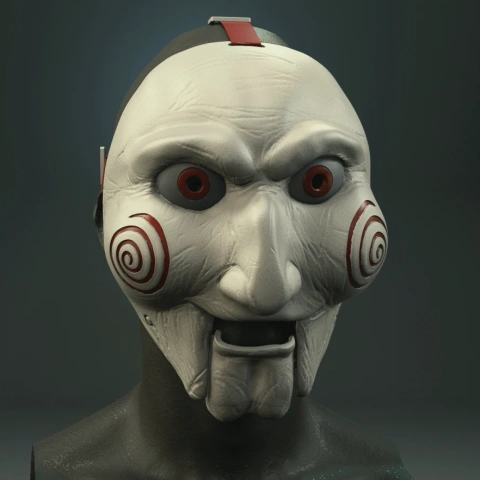 A creepy puppet mask with swirling red cheeks and intense eyes, designed for 3D printing.