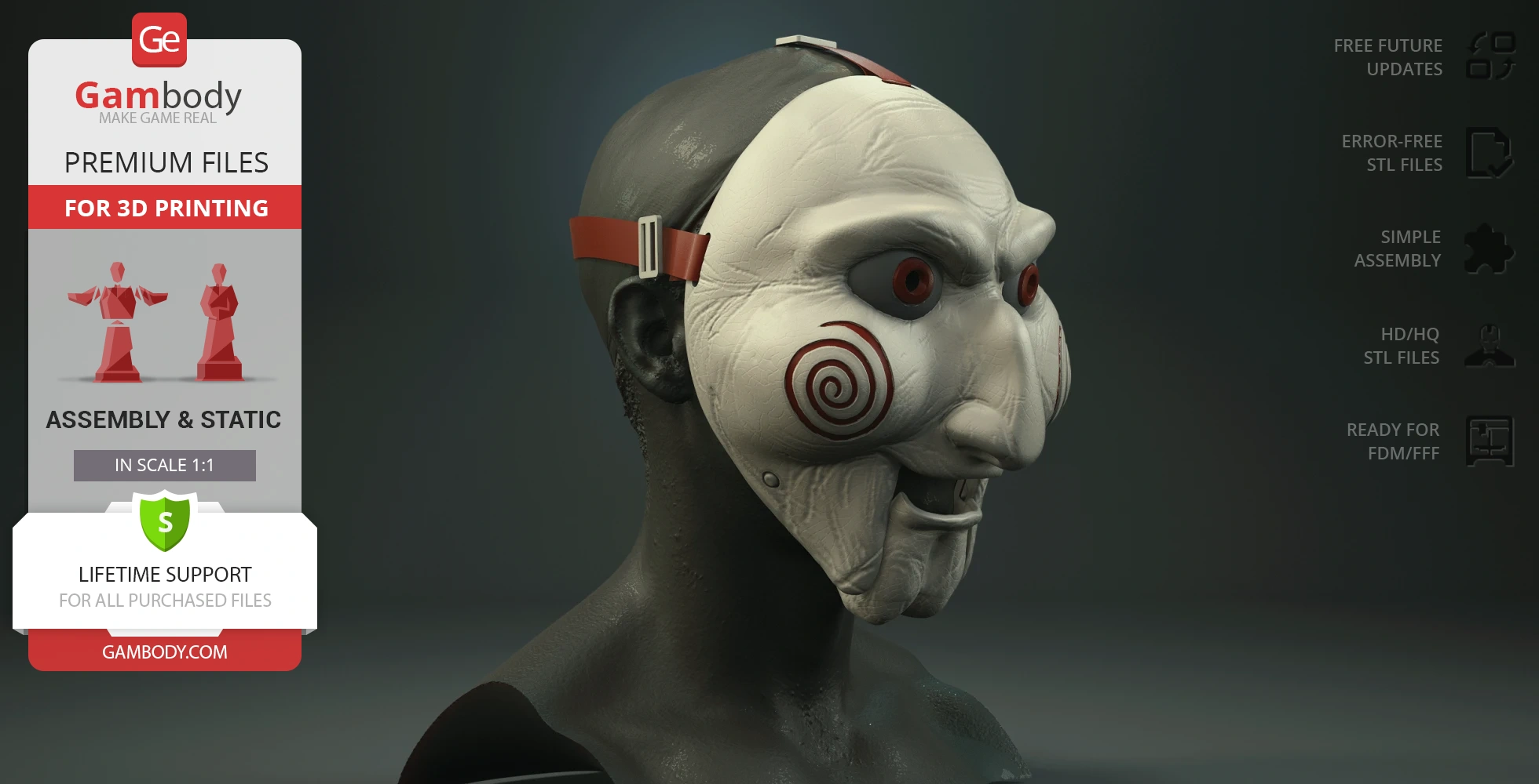 Creepy puppet mask with swirl cheeks and red straps, suitable for 3D printing.