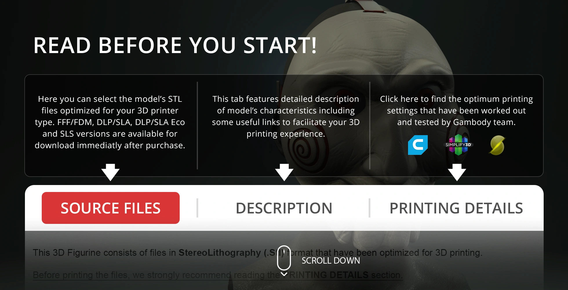 A partially visible Billy the Puppet mask with three tab options for 3D printing: Source Files, Description, Printing Details.