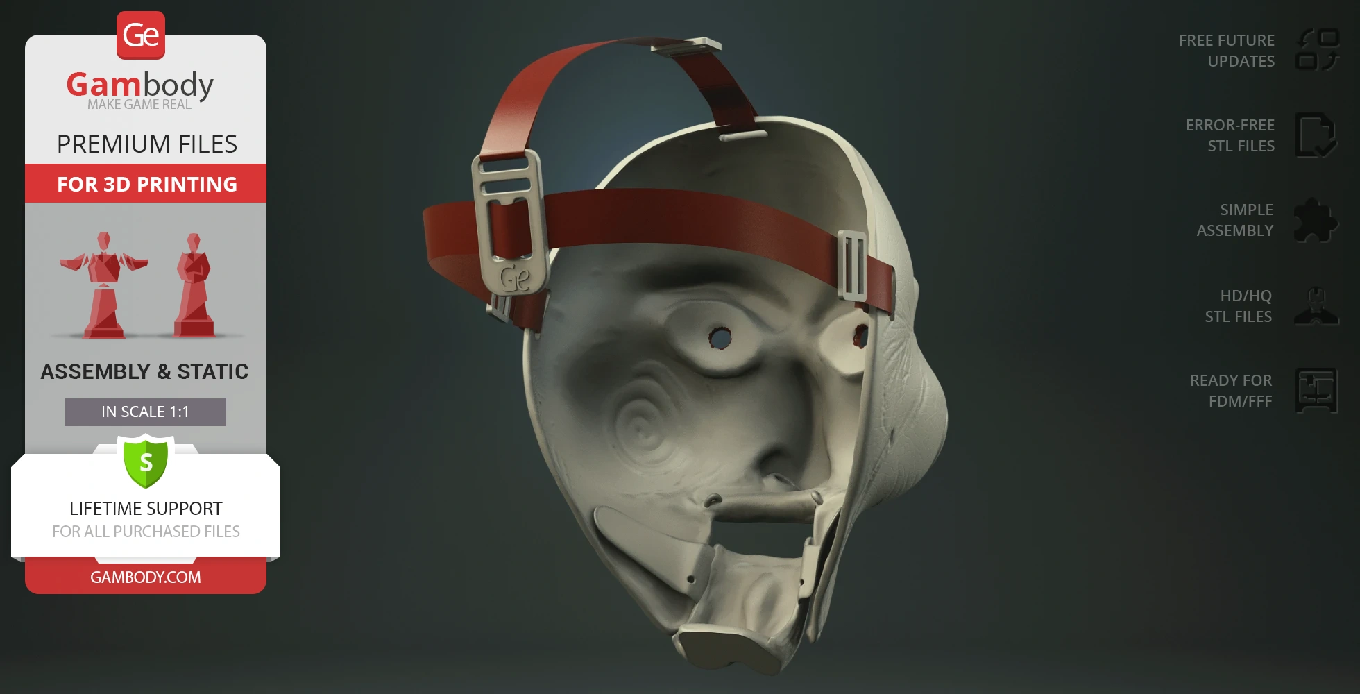 3D model of a white mask with red straps, designed for printing.