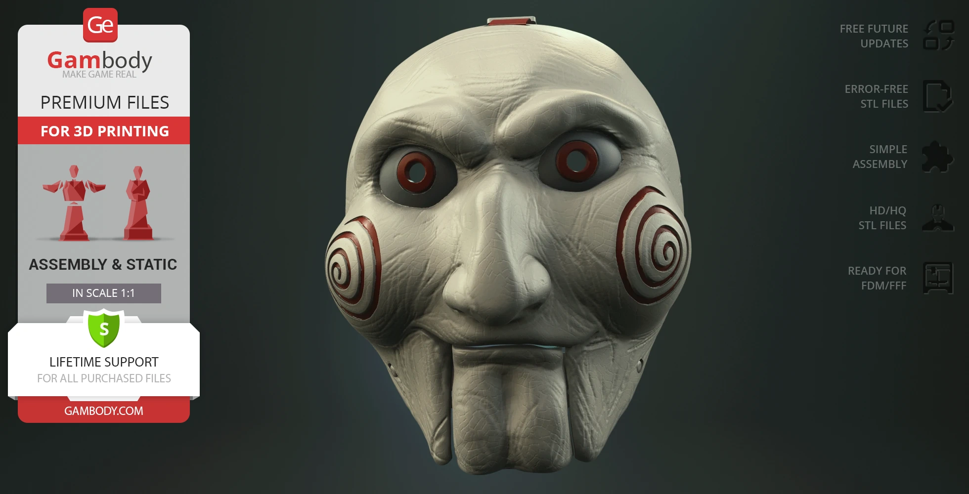 Creepy puppet mask with swirling cheeks, dark eyes, and an elongated mouth for 3D printing.