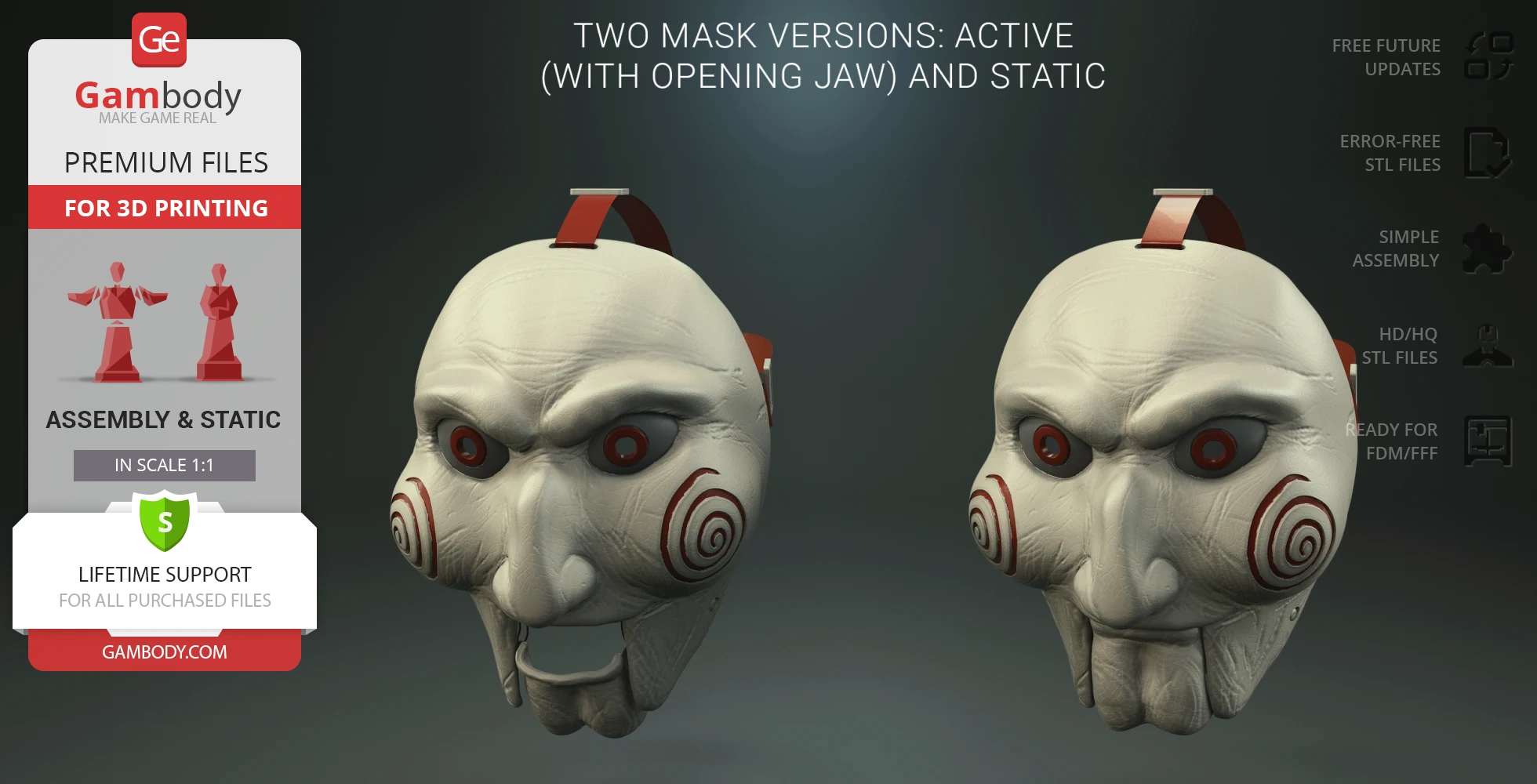 Creepy white mask with red swirl cheeks and dark eyes, featuring two versions: one with an opening jaw.
