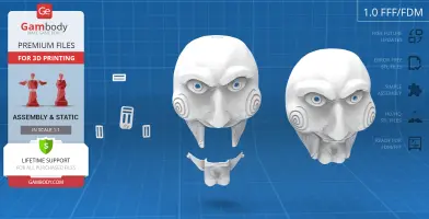 3D model of a detailed, segmented Billy the Puppet mask, ready for 3D printing assembly.