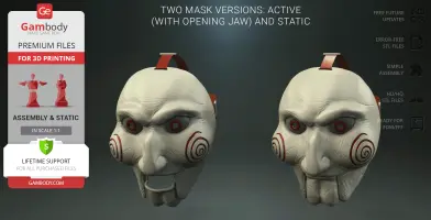 Creepy white mask with red swirl cheeks and dark eyes, featuring two versions: one with an opening jaw.