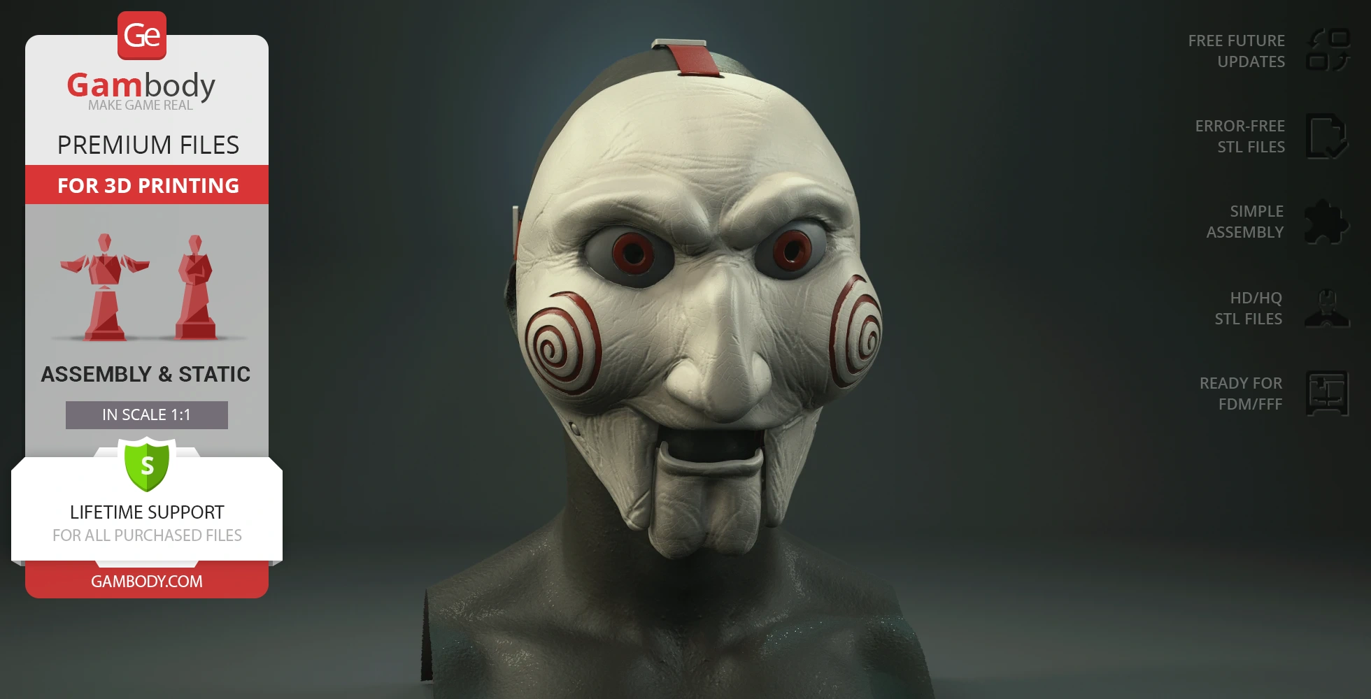 3D model of a menacing puppet mask with red spiral cheeks and piercing eyes, ideal for 3D printing.