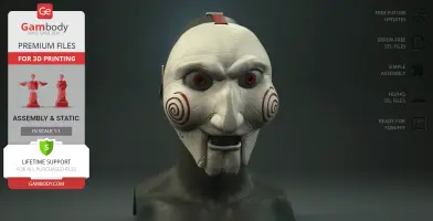 3D model of a menacing puppet mask with red spiral cheeks and piercing eyes, ideal for 3D printing.