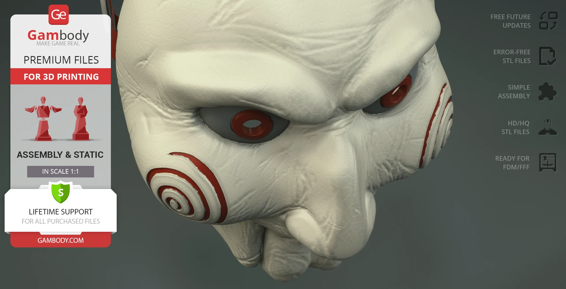 Creepy white mask with red spiral cheeks and deep-set eyes, designed for 3D printing.