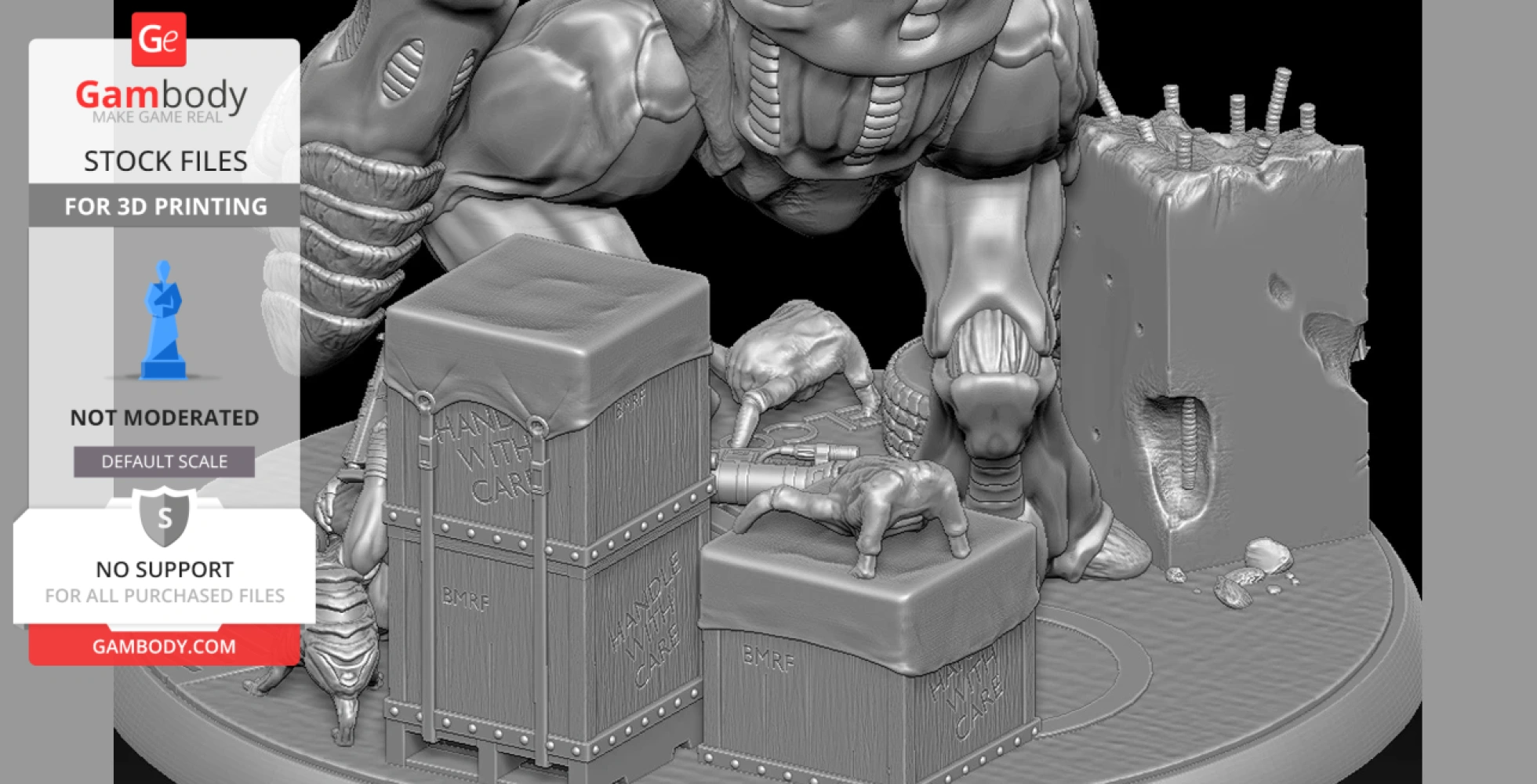 A monstrous creature towers over crates, surrounded by debris, in a detailed diorama for 3D printing.