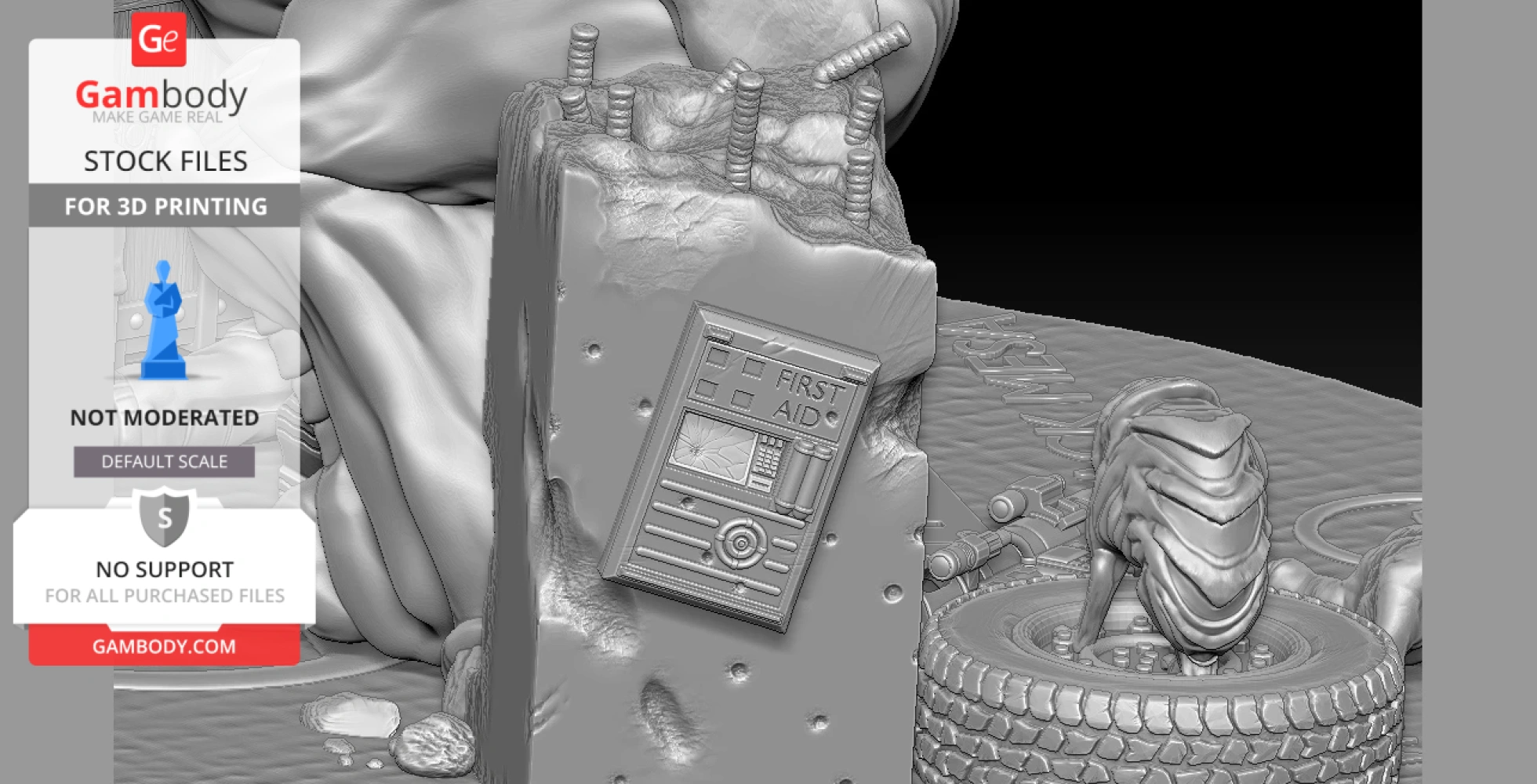 Broken wall with first aid kit, creature emerging from tires, rubble scattered around.