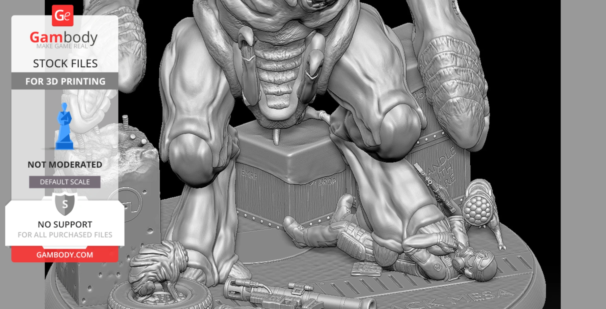 A monstrous figure stands over a diorama with soldiers, a weapon, and a creature, inspired by Half-Life.