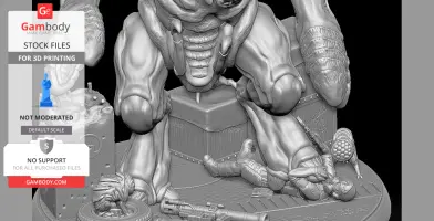 A monstrous figure stands over a diorama with soldiers, a weapon, and a creature, inspired by Half-Life.