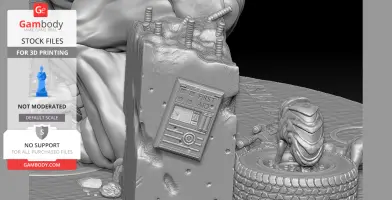 Broken wall with first aid kit, creature emerging from tires, rubble scattered around.