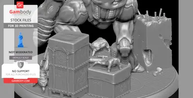 A monstrous creature towers over crates, surrounded by debris, in a detailed diorama for 3D printing.