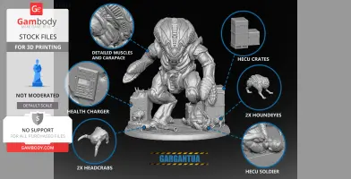 Gargantua diorama with creature, crates, headcrabs, houndeyes, health charger, and HECU soldier.