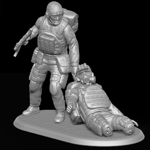A detailed 3D diorama of a medic aiding a fallen soldier, both clad in tactical gear and helmets.