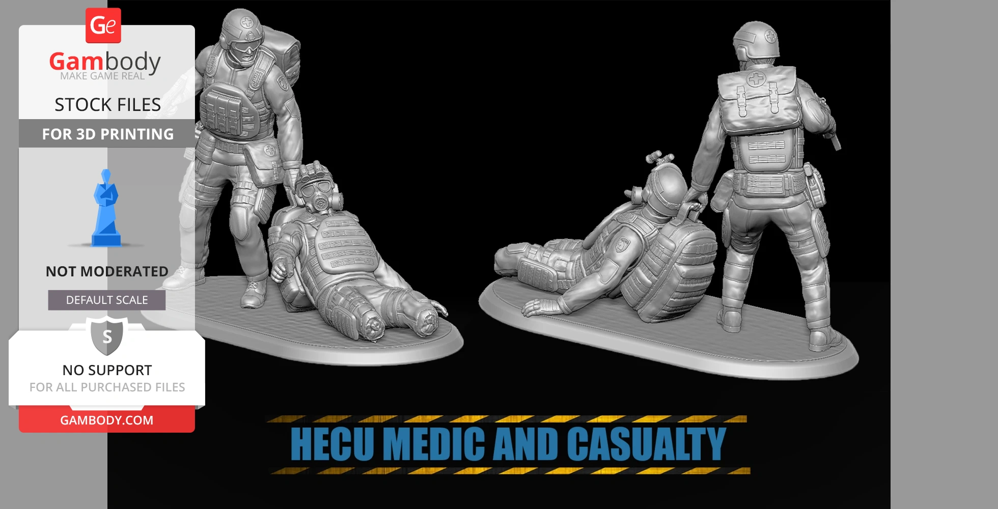 A diorama depicts a HECU medic attending to a wounded soldier on a small base.