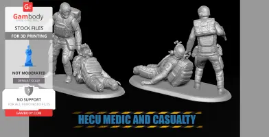 A diorama depicts a HECU medic attending to a wounded soldier on a small base.