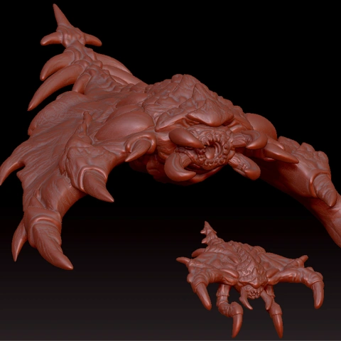 Two alien-like creatures with sharp claws and segmented bodies, designed for 3D printing.