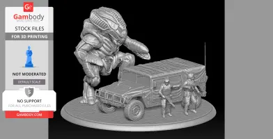 A giant creature and soldiers with a Humvee on a circular base from a 'Half-Life' diorama.