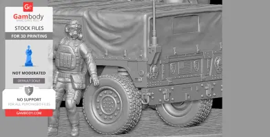 A 3D model of a soldier in gear leaning against an armored vehicle with detailed textures and accessories.