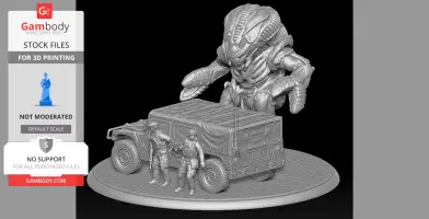 Alien creature towering over soldiers and a military vehicle in a detailed 3D diorama scene.
