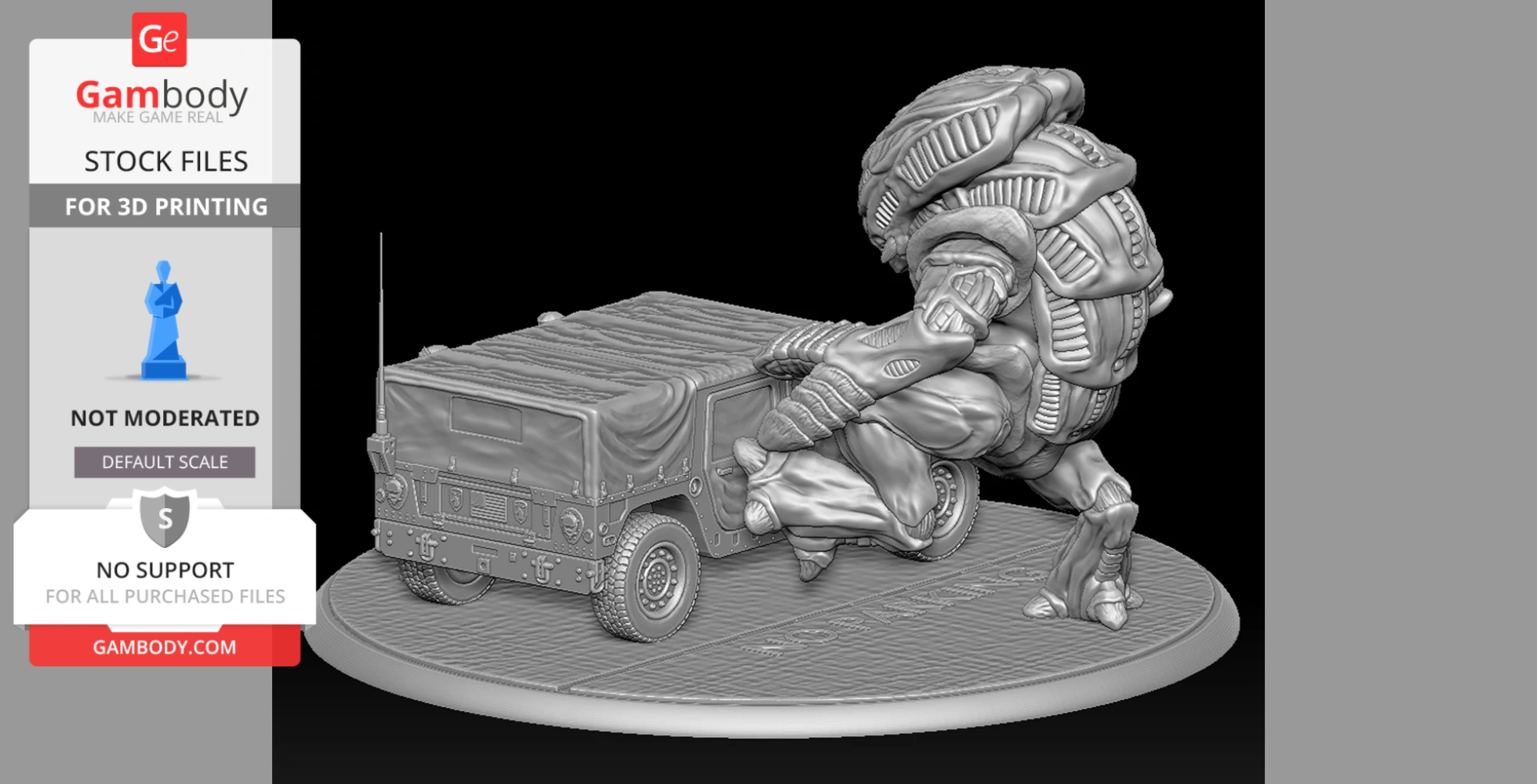 Alien creature crouching beside a military jeep on a round base, detailed for 3D printing.