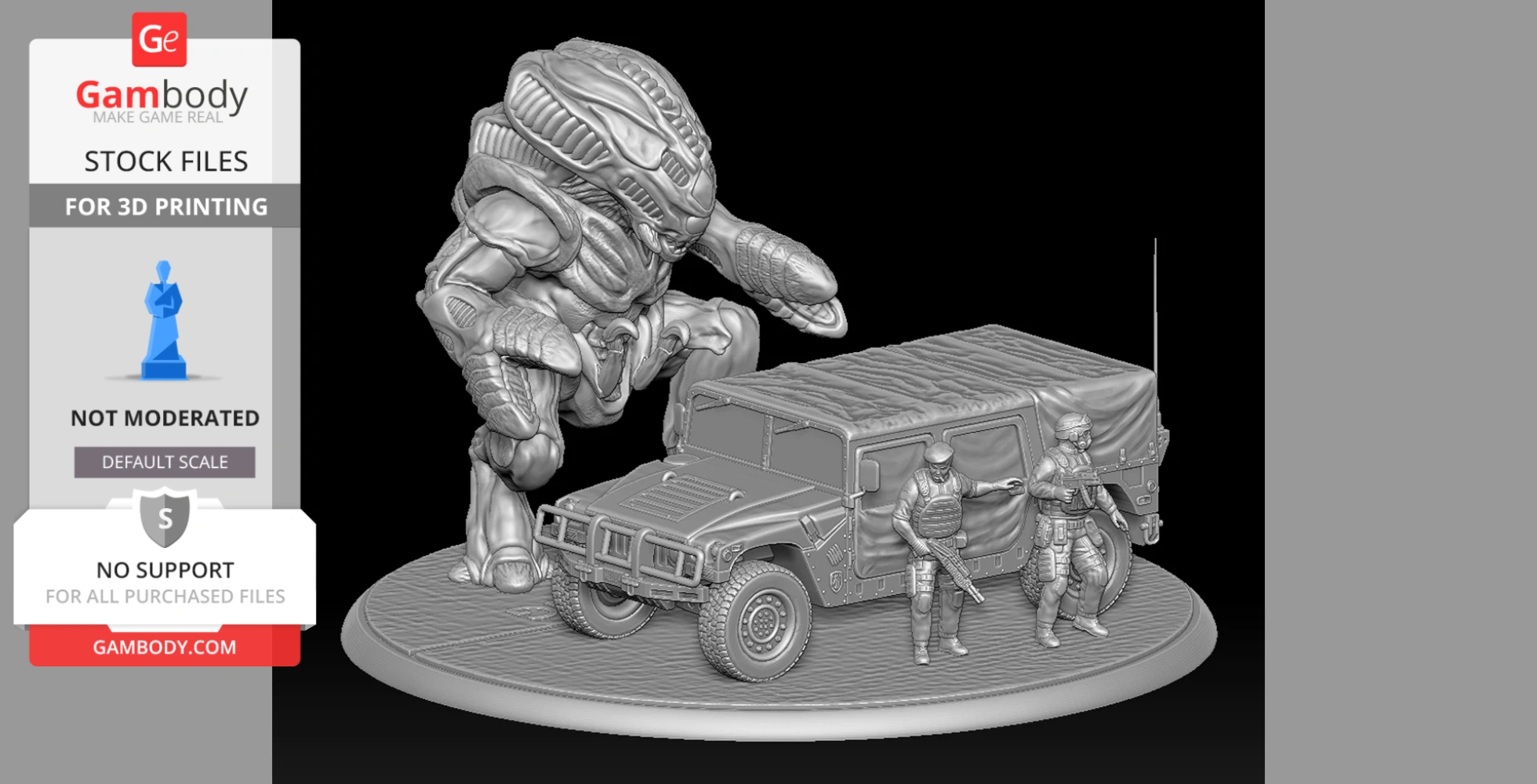 A giant creature and soldiers with a Humvee on a circular base from a 'Half-Life' diorama.