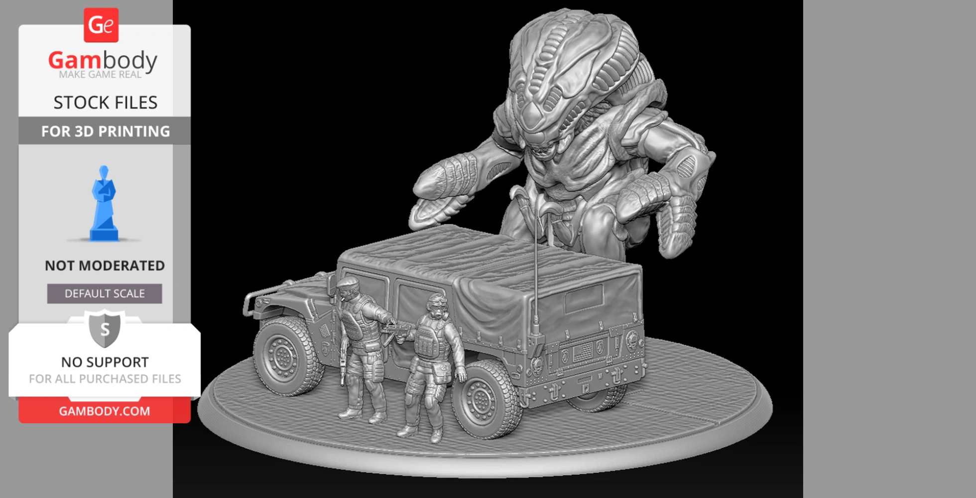 Alien creature towering over soldiers and a military vehicle in a detailed 3D diorama scene.