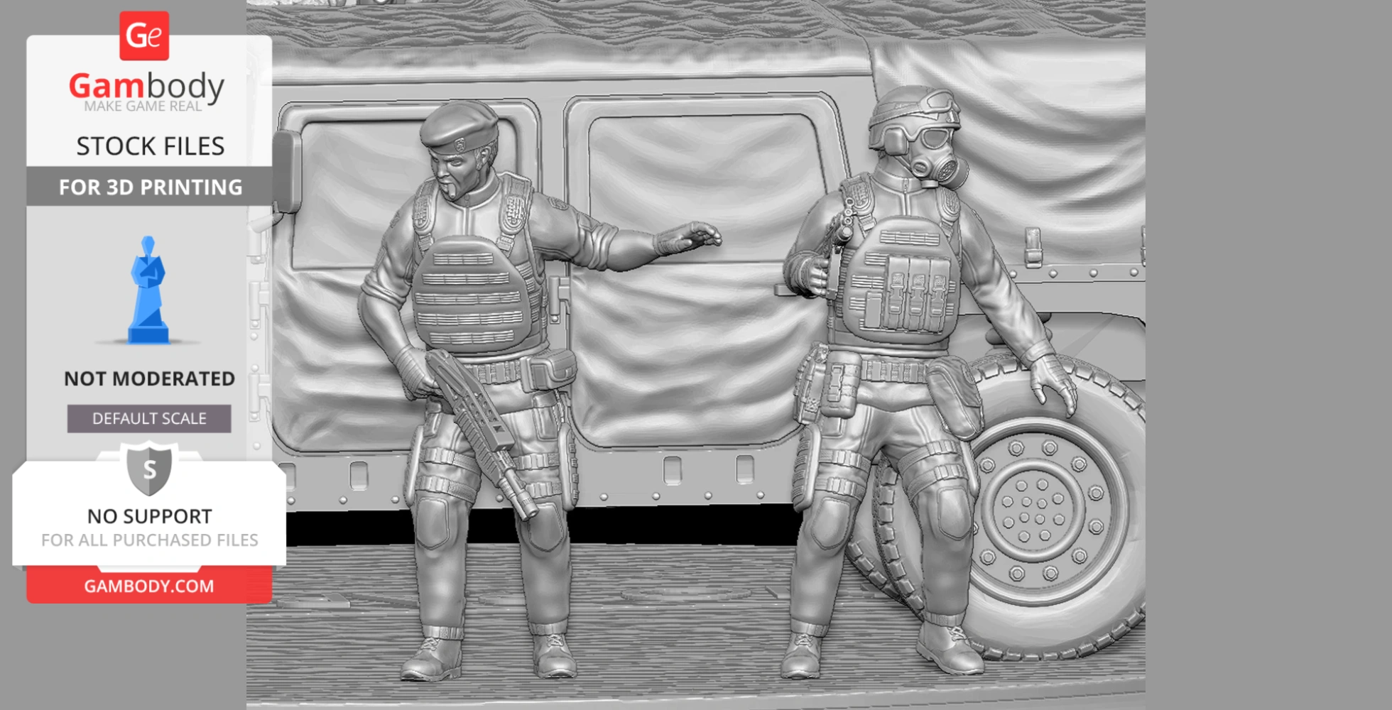 Two armed soldiers in combat gear stand beside a military vehicle.