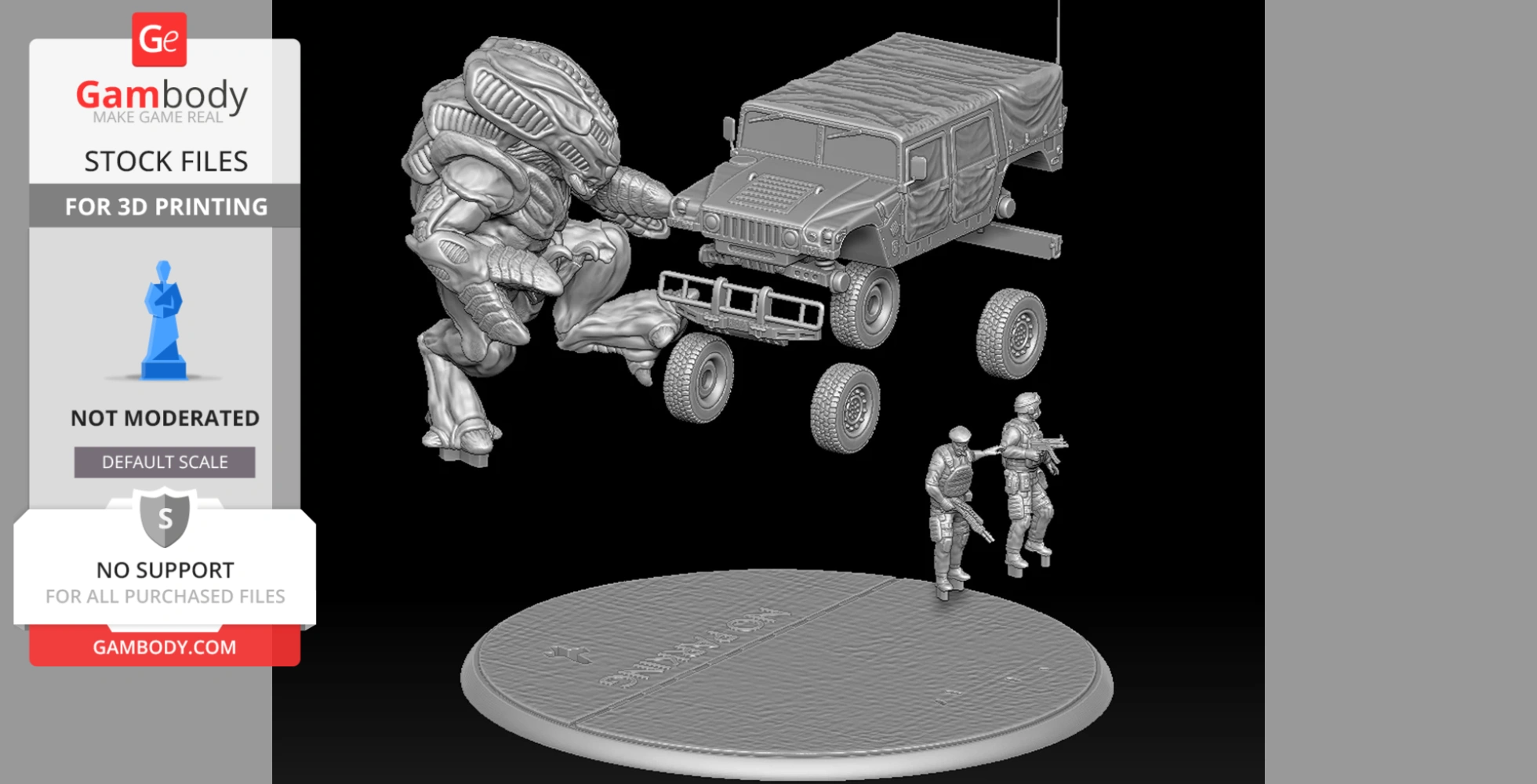 Alien creature battles soldiers, lifting a vehicle in a dynamic 3D printed diorama scene.