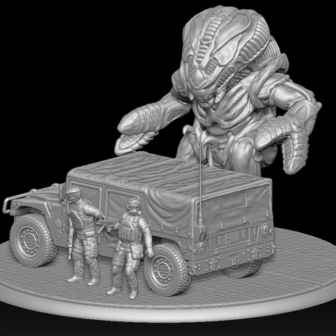 A giant alien creature looming over soldiers next to a military vehicle on a diorama base.