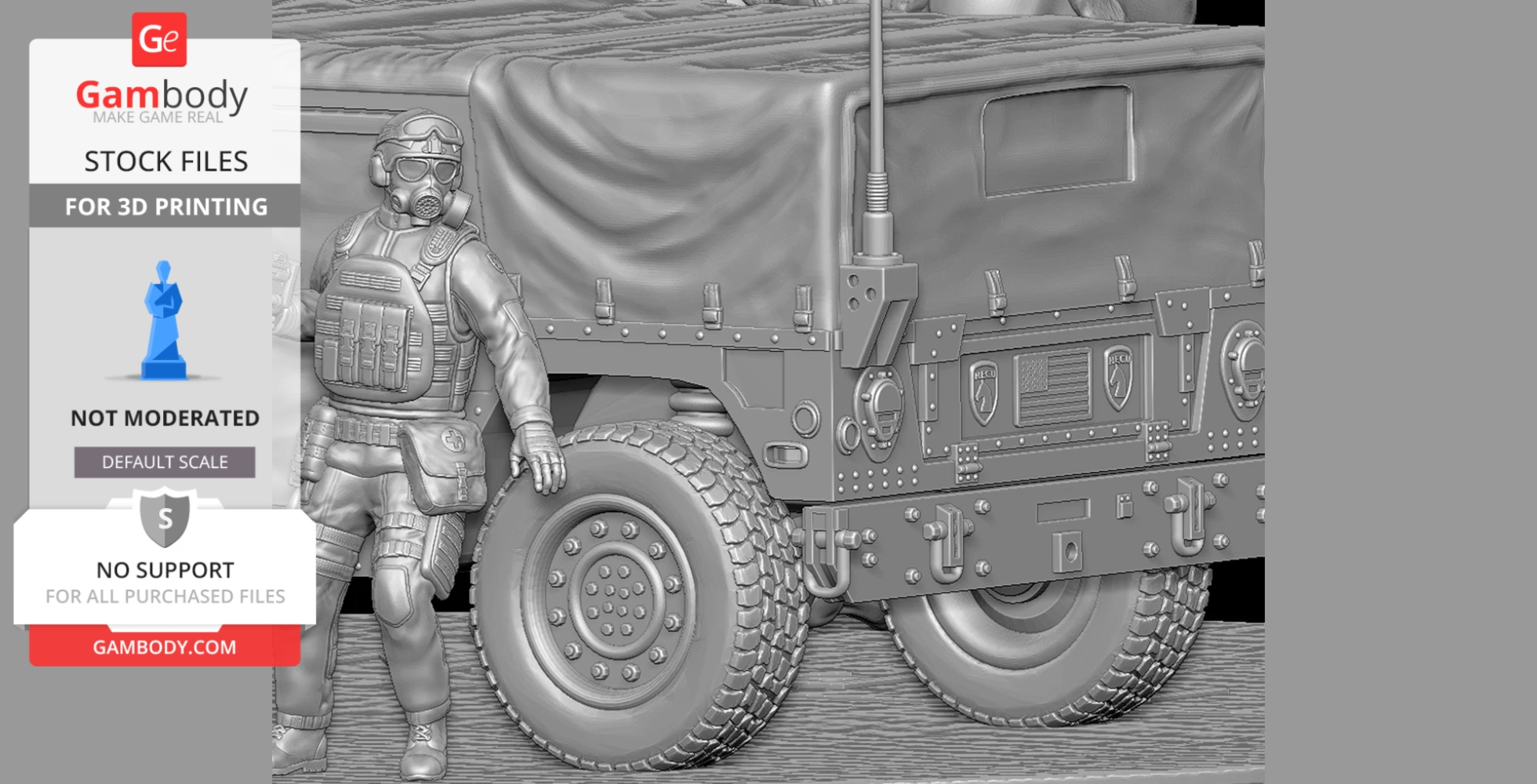 HECU soldier figure leaning on a military truck, detailed for 3D printing.